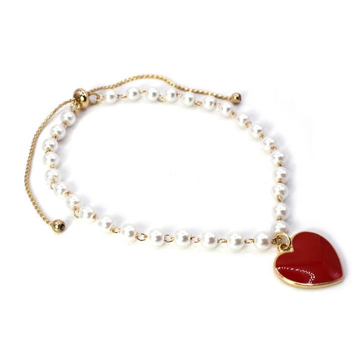 Heart Enamel Epoxy Charm Pearl Beaded Pull Tie Bracelet for wholesale by StarryNYC