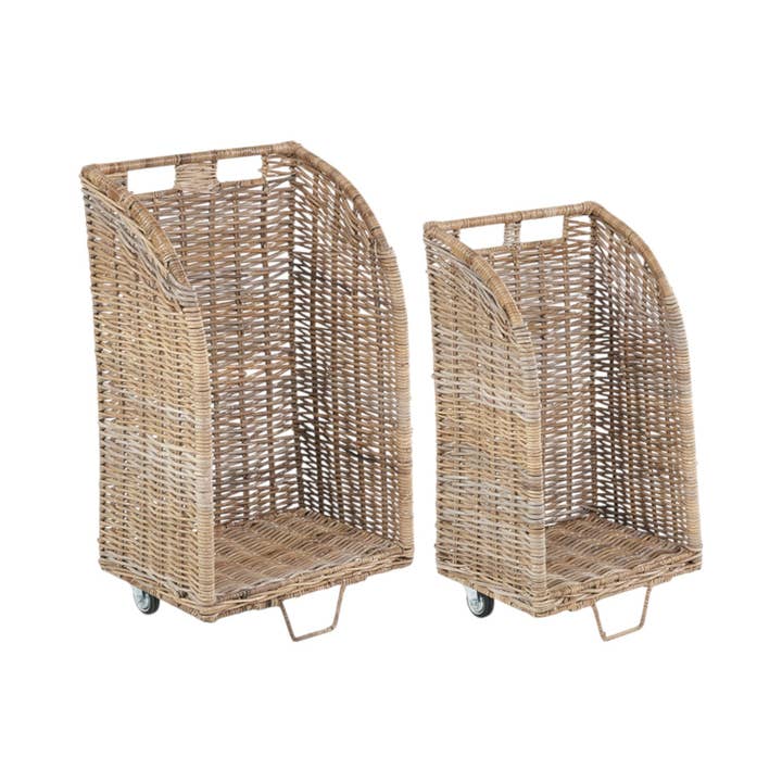Set di 2 carrelli portalegna in rattan Kubu grigio per la vendita all'ingrosso da parte di Red Hamper