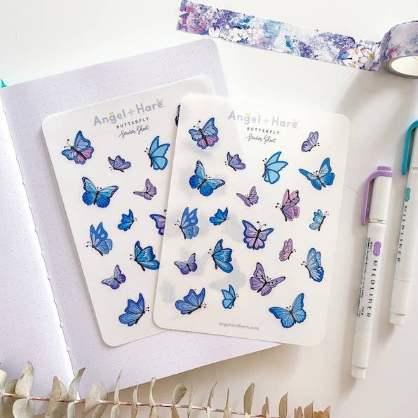 Folha de adesivos de borboleta transparente por atacado de Angel + Hare