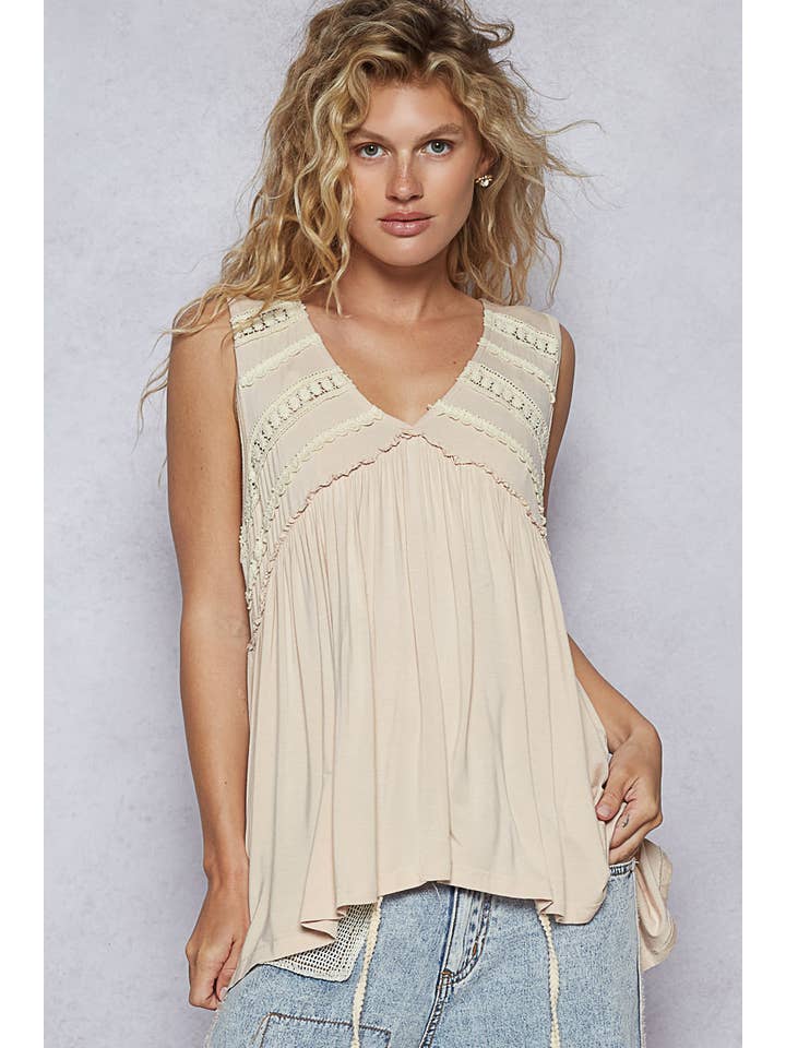 Pol Clothing - Wholesale Knit Top - Women's - Sleeveless Loose Fit V-Neck Babydoll Casual Knit Top SALE21