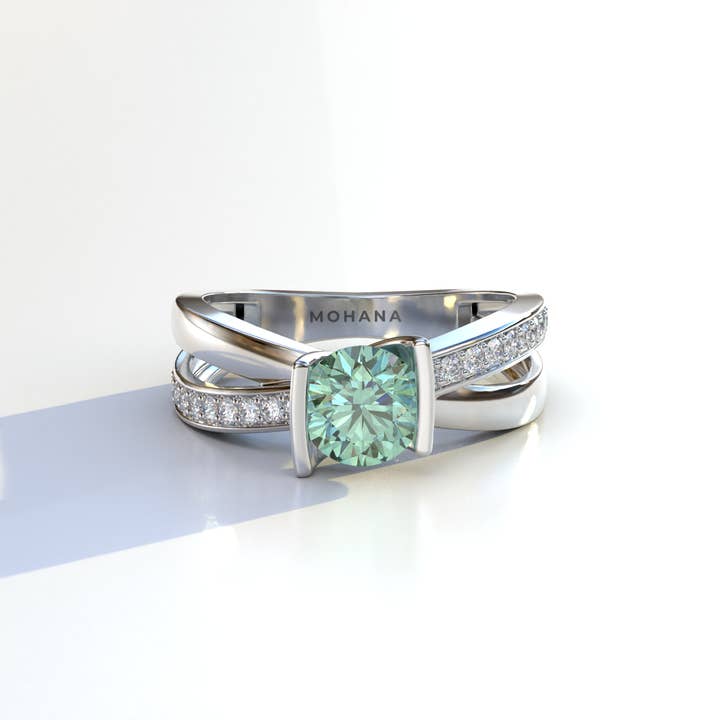 3 Karat Blauer Runder Labordiamant im Kreuzring mit Pavé-Fassung - Kathedrale für den Großhandel von Mohana Jewels - Luxury