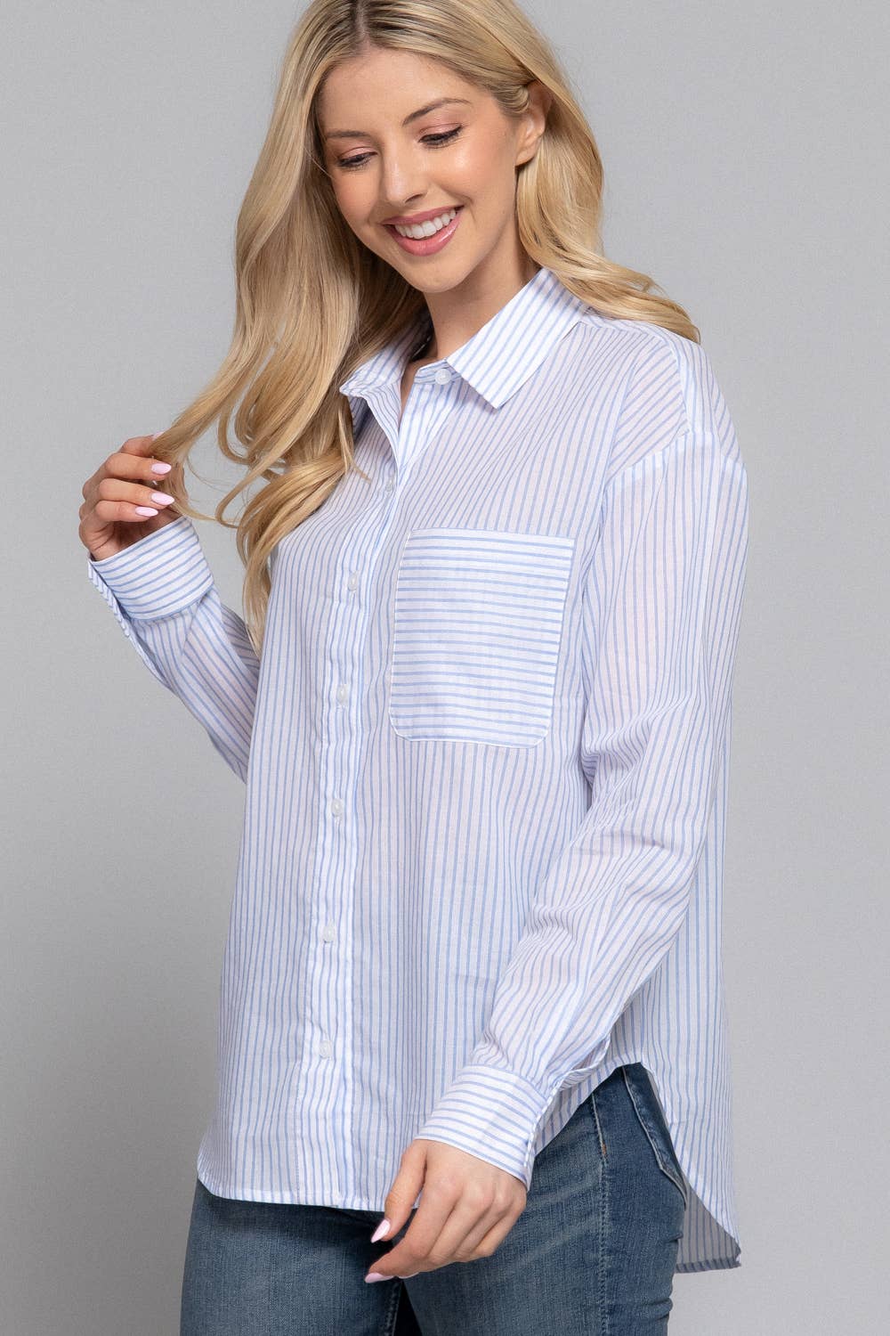 Active Basic | Active USA - Wholesale Button Down Shirt - Women's - Long Sleeve Y/D Stripe Voile Shirt3