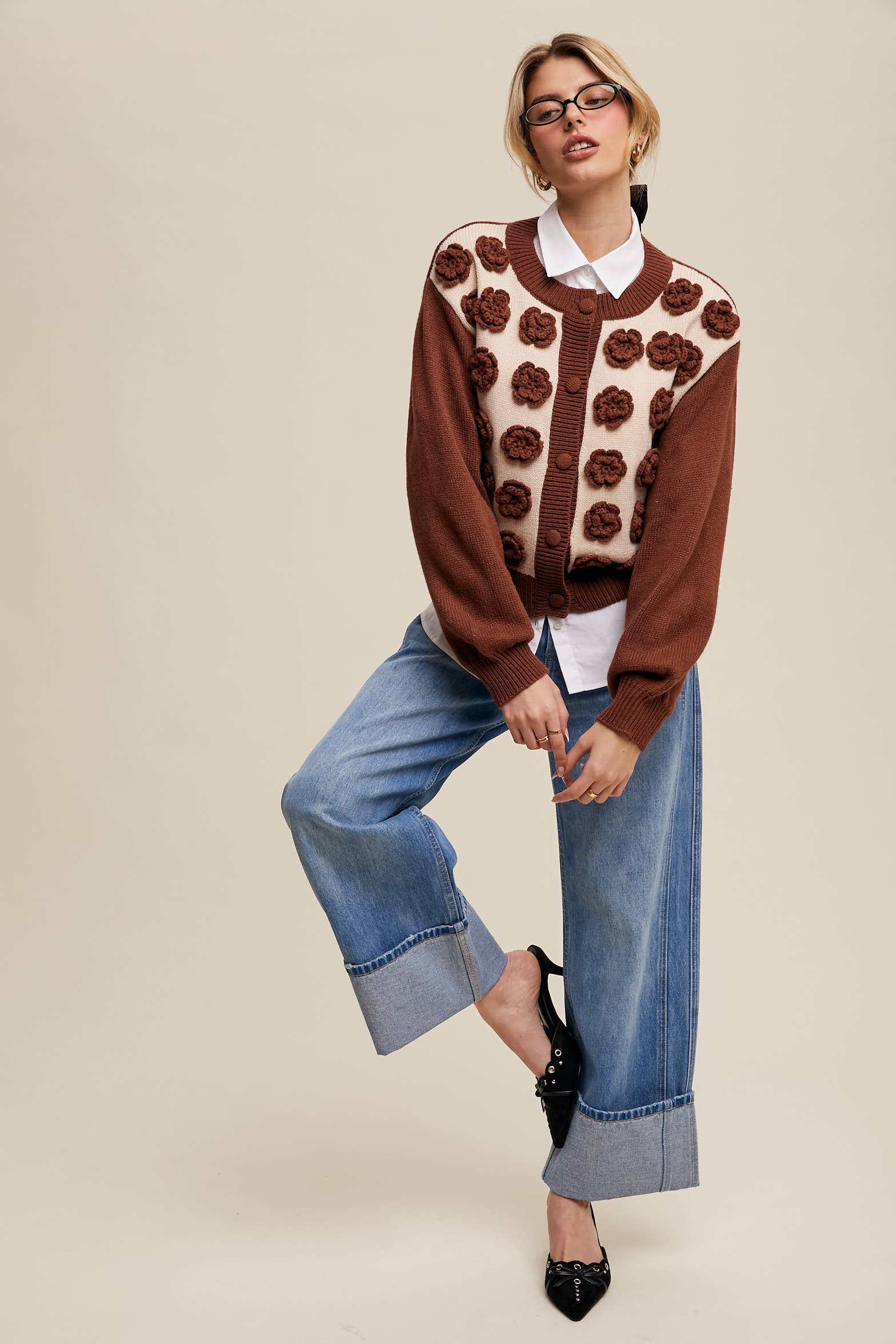 Listicle - Wholesale Cardigan - Women's - Handmade Rose Applique Knit Cardigan17