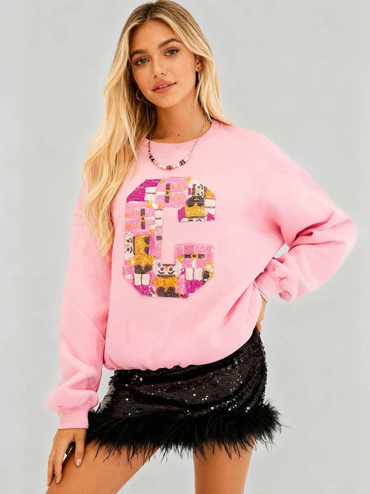 Dames Letter C Pailletten Ronde Hals Lange Mouwen Sweatshirt voor wholesale door Sweetkama