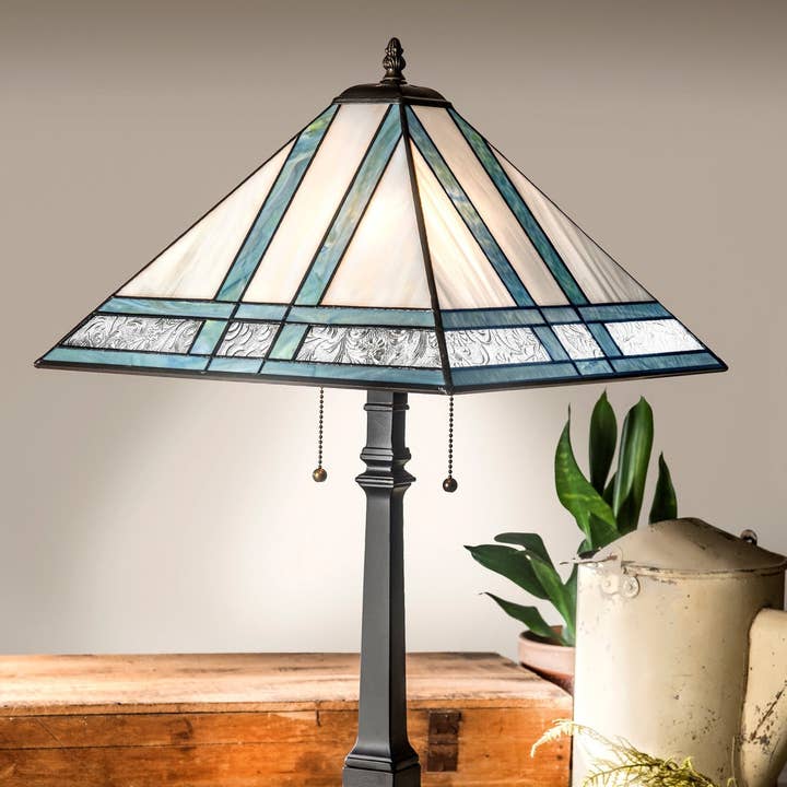 Lam 370 TB Ivory and Blue/Green Opal Lg Mission Lamp for wholesale by J Devlin Glass Art & Bert Anderson Collection