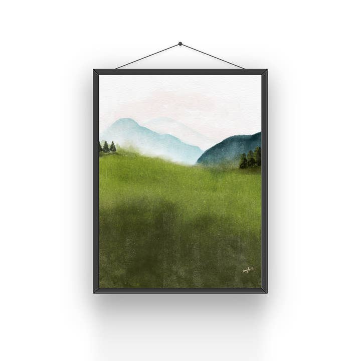 Impressão artística em aquarela Misty Mountain Grassy Landscape por atacado de Modera Studio