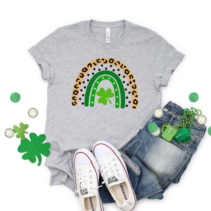 Stampa leopardata, motivo: arcobaleno con trifoglio e trasferimento per il giorno di San Patrizio per la vendita all'ingrosso da parte di Sights Ink