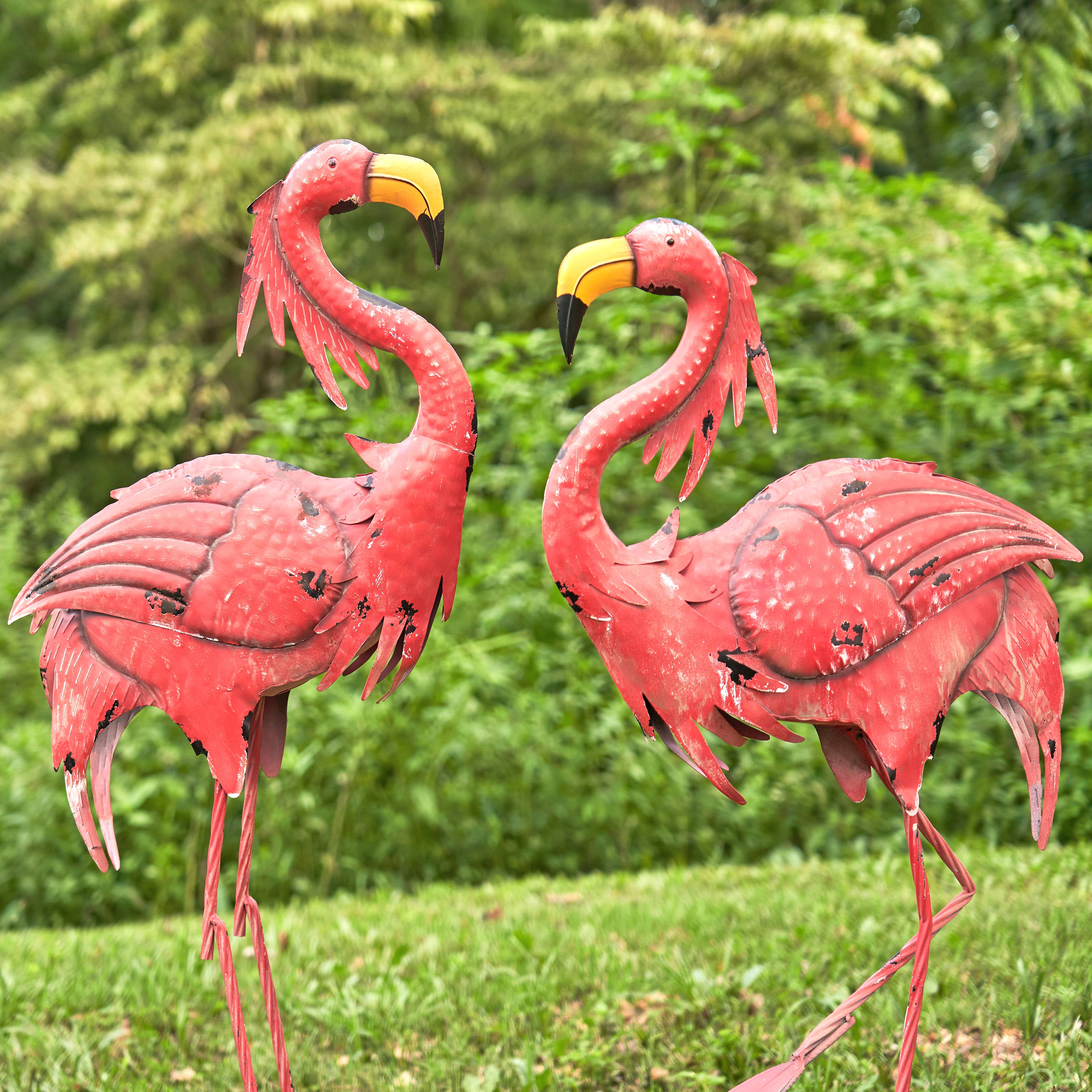 Zaer Ltd. International - Wholesale Outdoor Ornament/Decor - 40.25" Tall Bright Pink Iron Flamingos- 4PC/Set2