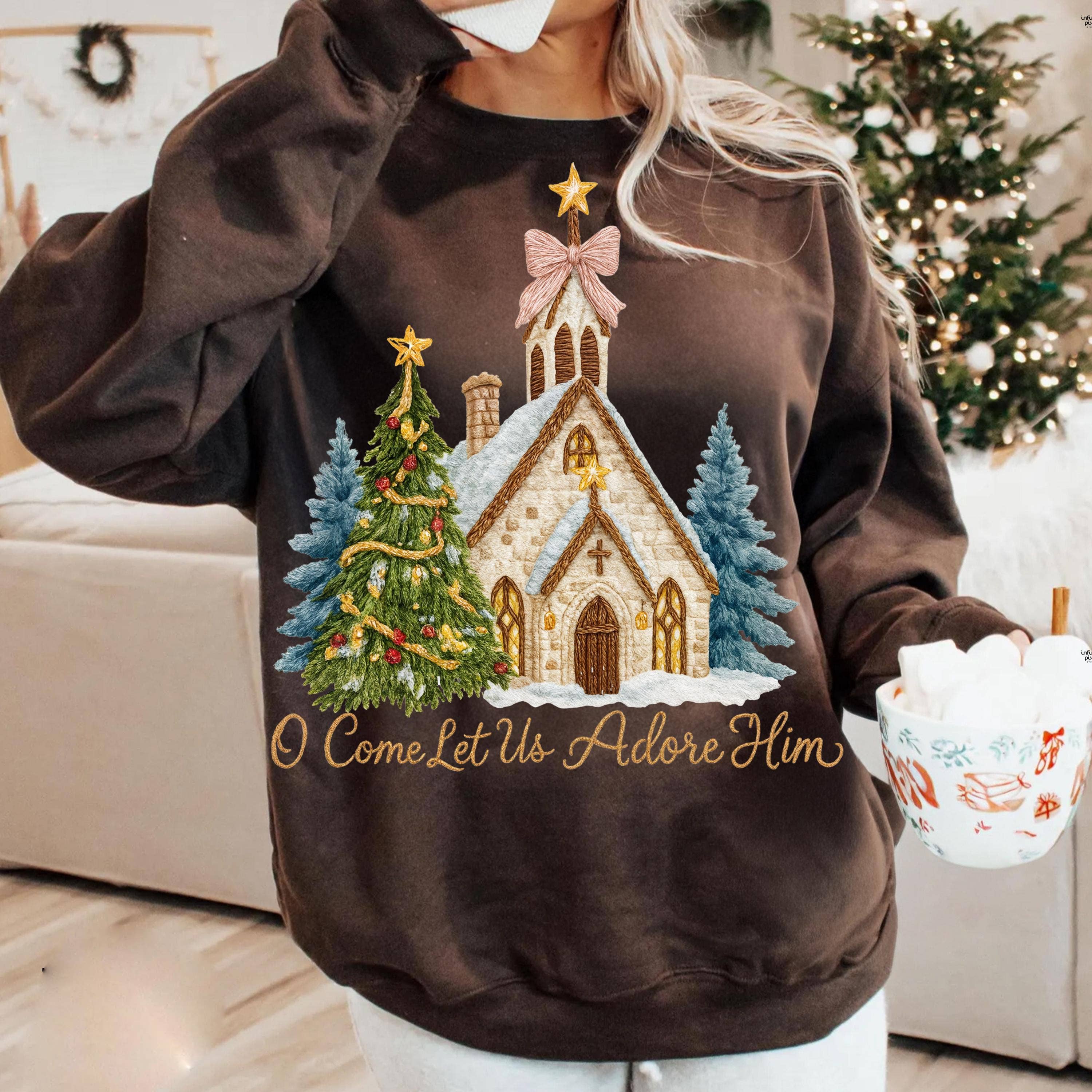 NVC Ecommerce LLC - Vendita all'ingrosso Maglietta stampata - Donna - Maglietta di Natale per la Chiesa, Felpa O Venite Adoriamolo3