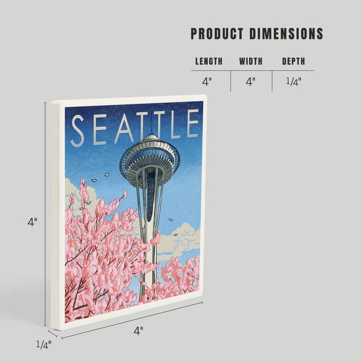 Lantern Press - Wholesale Coasters - Ceramic Coaster Space Needle, Cherry Blossoms Woodblock, …