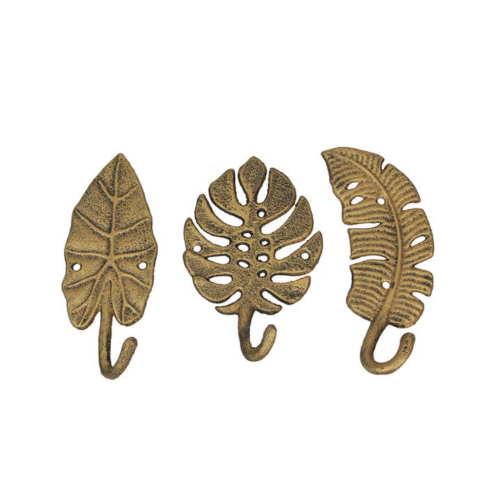 Zeckos - Wholesale Wall Hook - Set of 3 Cast Iron Tropical Leaf Wall Hooks - Gold