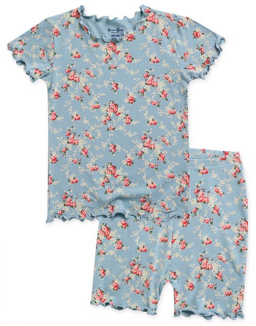 Fleur de menthe Pyjama en viscose à manches courtes menthe à fleurs froncées en vente sur Faire
