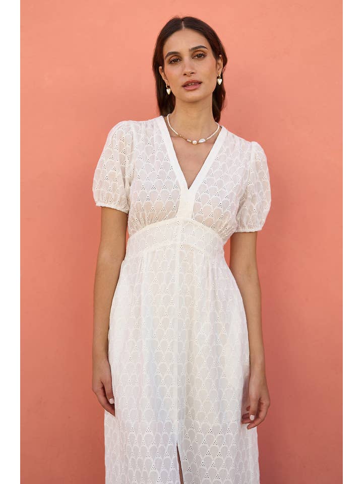 Yumi White Broderie Anglaise Midi Dress With Split Hemline for wholesale on Faire