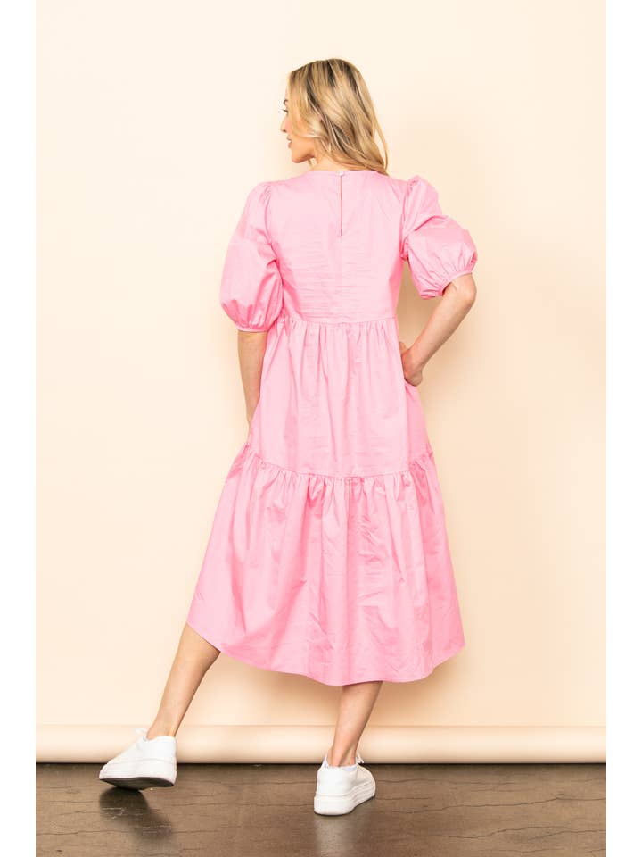Elloh Collection - Wholesale Dress - Women's - SALE! Poplin Puff Sleeve Tiered Midi Dress with Pockets9