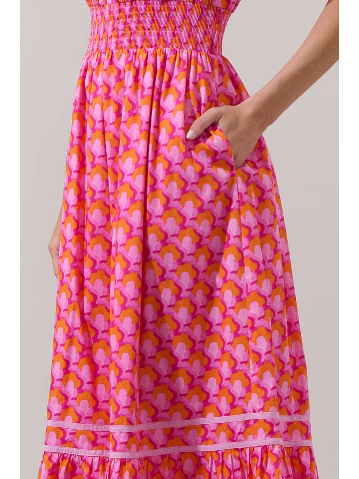 PINK ORG MUL Paden Abstract Ordy Smocked Midi Dress for wholesale on Faire