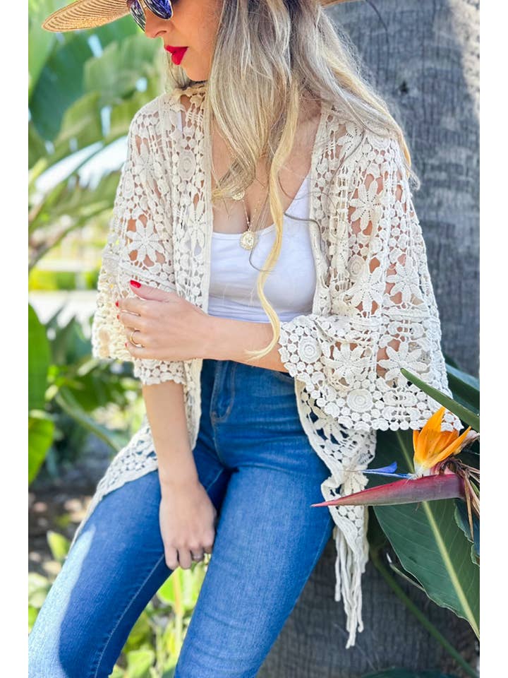 Ivory Floral Crochet 3/4 Sleeve With Tassel Kimono for wholesale on Faire
