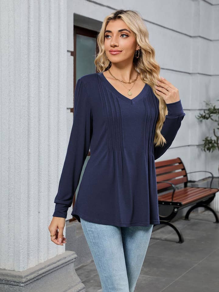 Lovesoft - Wholesale Tunic – Women’s - V-Neck Pleated Top – Soft Jersey Long Sleeve Tee4