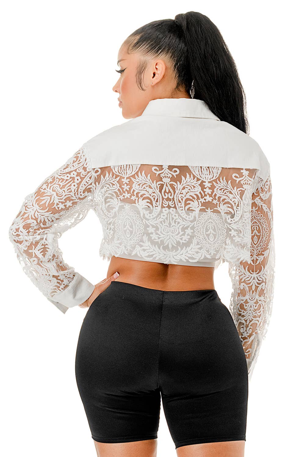 SALT - Wholesale Denim Jacket - Women's - (SJ5073)Pearl Brooch & Lace Sleeve Cropped Denim Jacket11