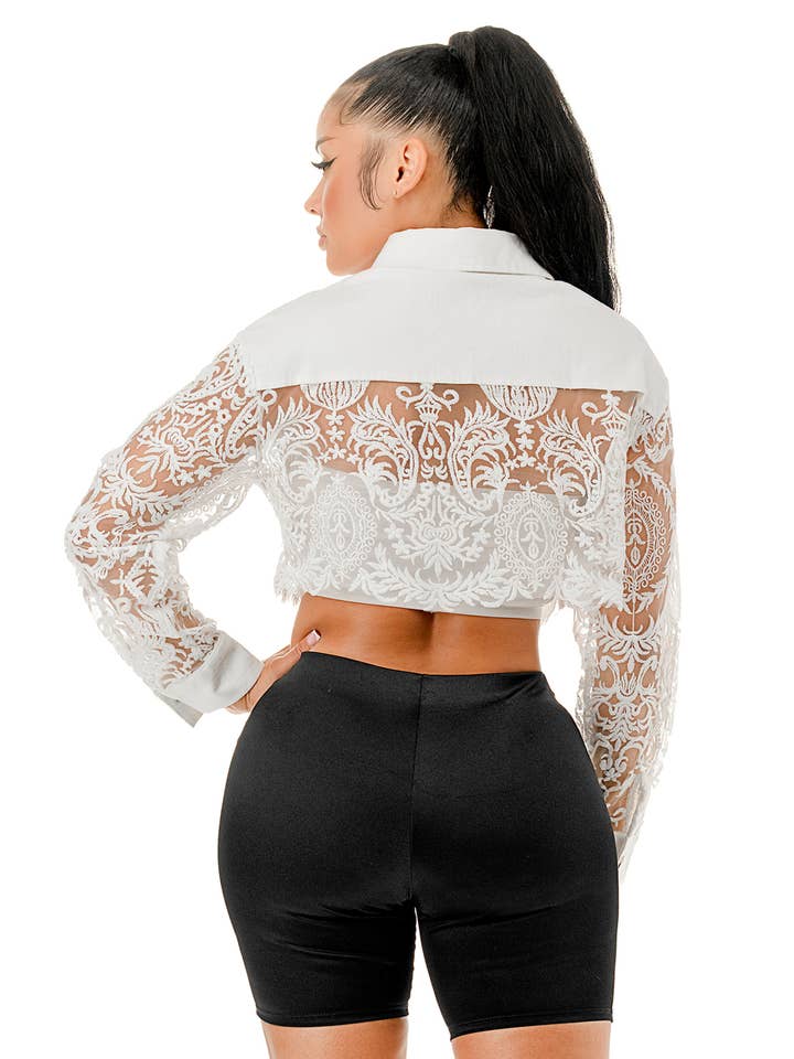 SALT - Wholesale Denim Jacket - Women's - (SJ5073)Pearl Brooch & Lace Sleeve Cropped Denim Jacket11