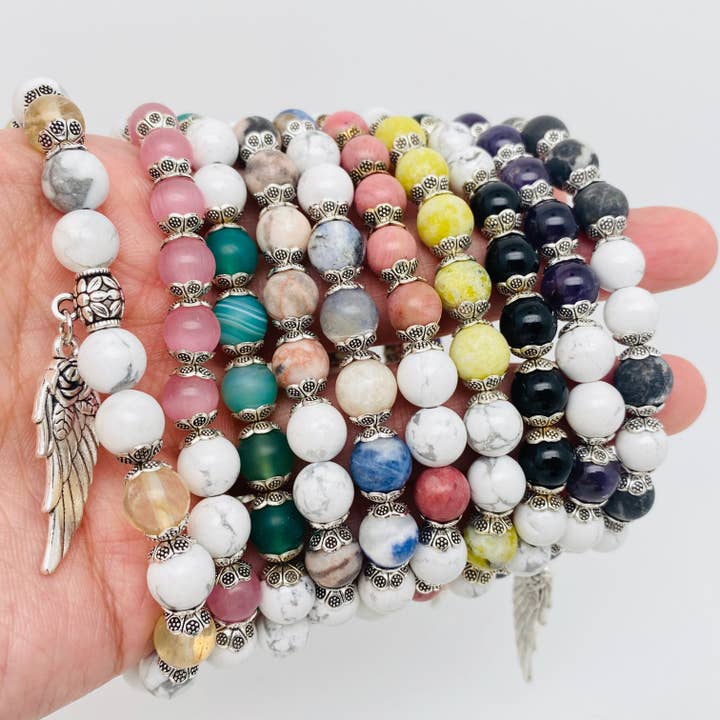 Mio Queena - Wholesale Beaded Bracelet - 8mm Natural Stone Elastic Bracelets Wing Pendant