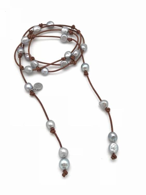 Pearl Lariat - Brown Leather Grey Pearls for wholesale by MdeM Designs
