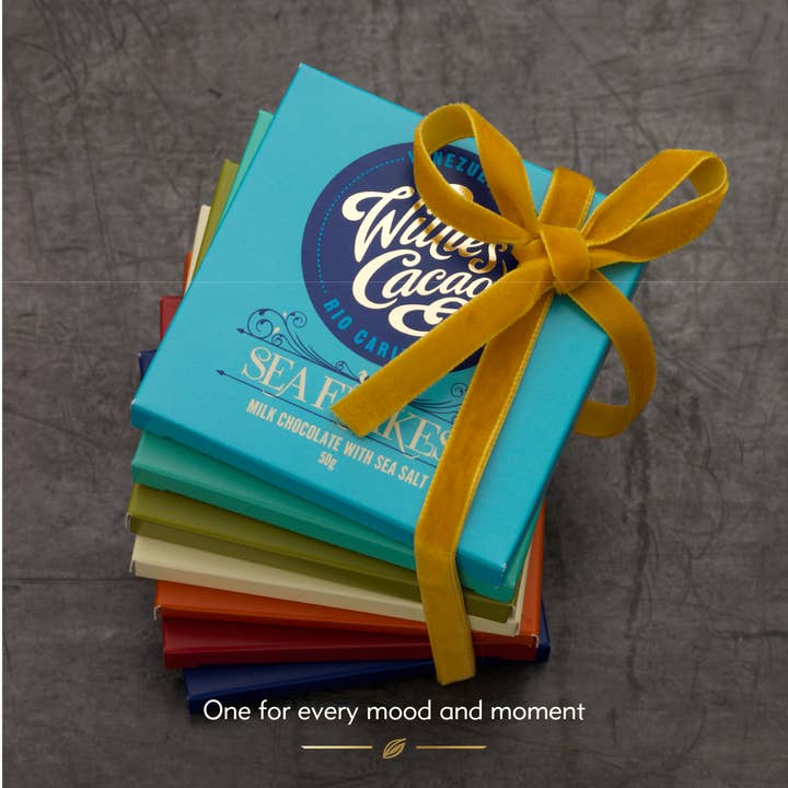 Willie's Cacao - Vendita all'ingrosso Barretta di cioccolato - Fiocchi di mare. Cioccolato al latte con scaglie di sale marino. Barretta da 50g5