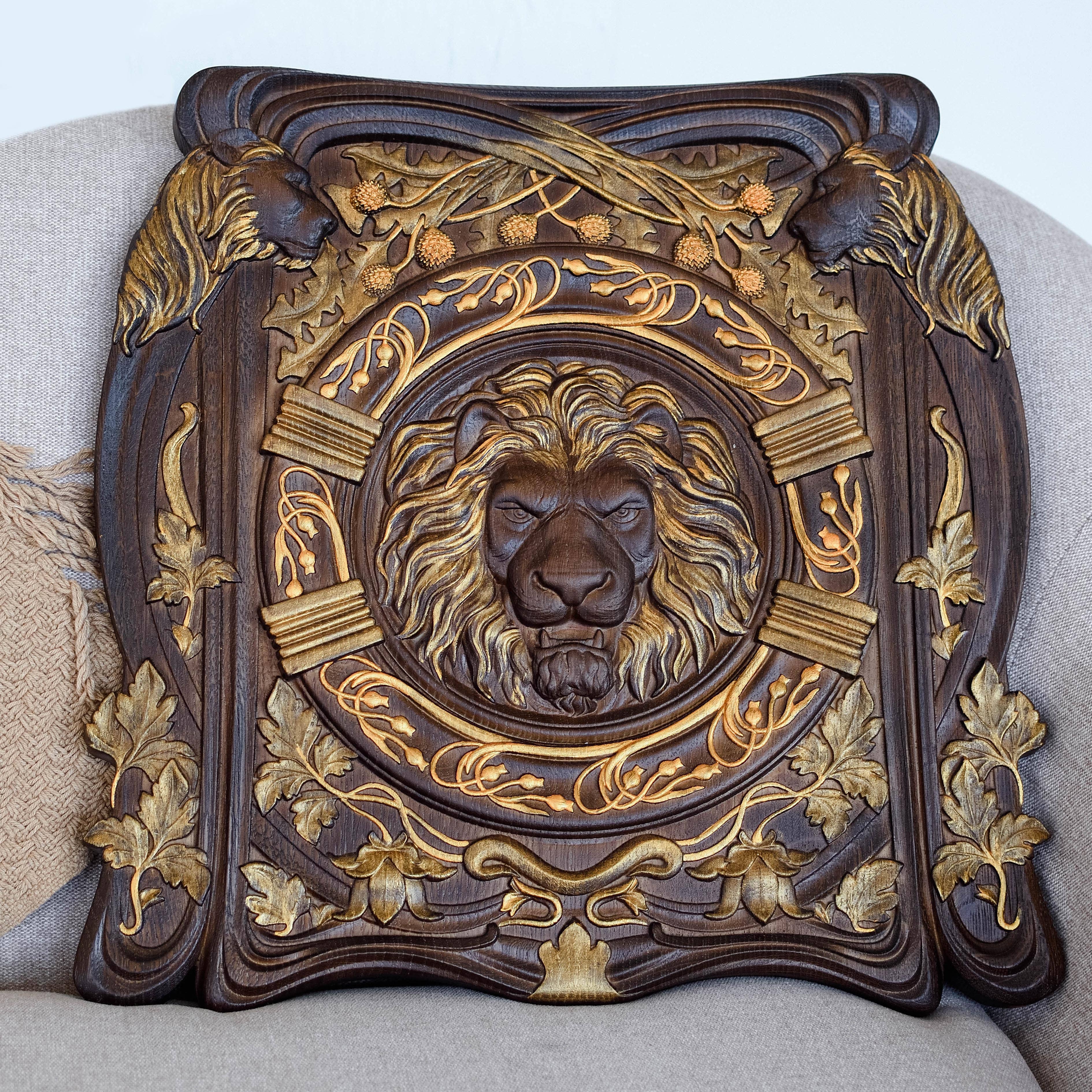KozakWorkshop - Wholesale Plaque - Lion Head squared wooden carved plaque christian decor0