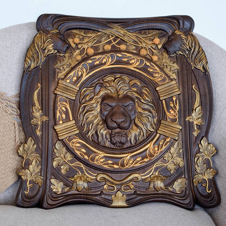 KozakWorkshop - Wholesale Plaque - Lion Head squared wooden carved plaque christian decor