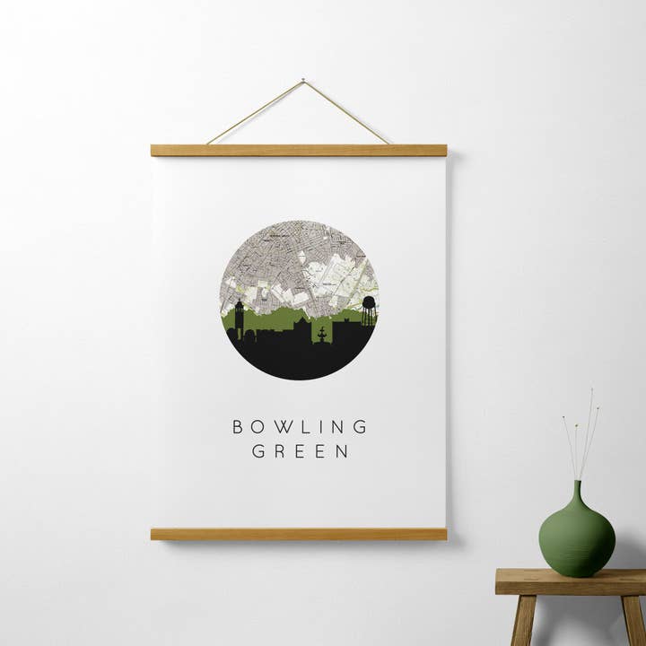 Bowling Green, KY, Kunstdruck mit Skyline und Karte für den Großhandel von Paperfinch Design