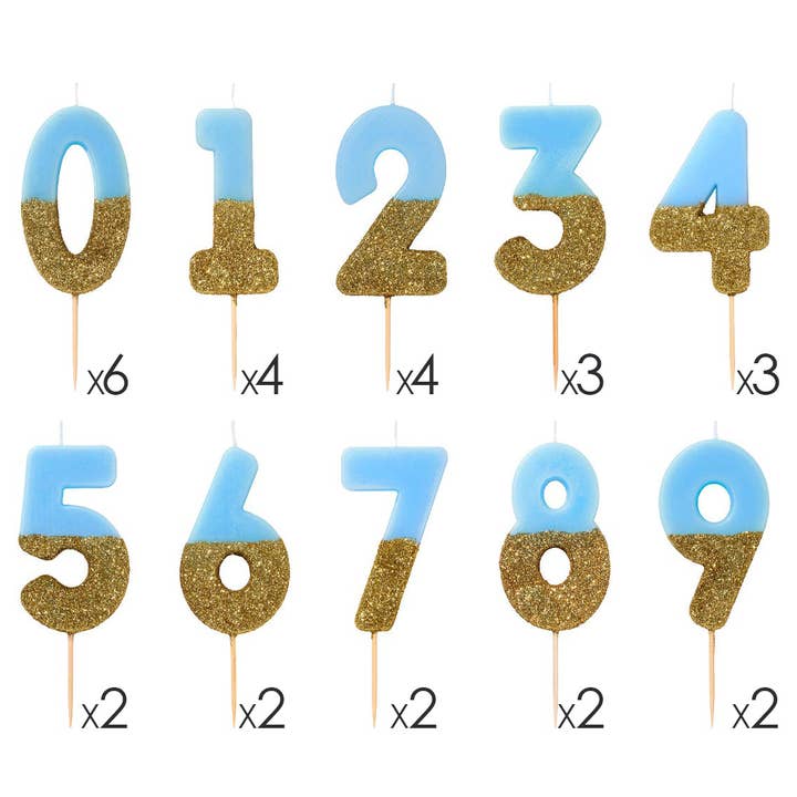 Blauwe Glitternummer Verjaardagskaarsen Startersset - 0-9 voor wholesale door Talking Tables EU