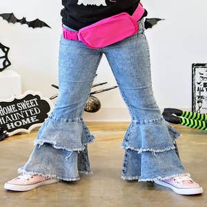 Pink Frayed Double Bell Bottom Jeans