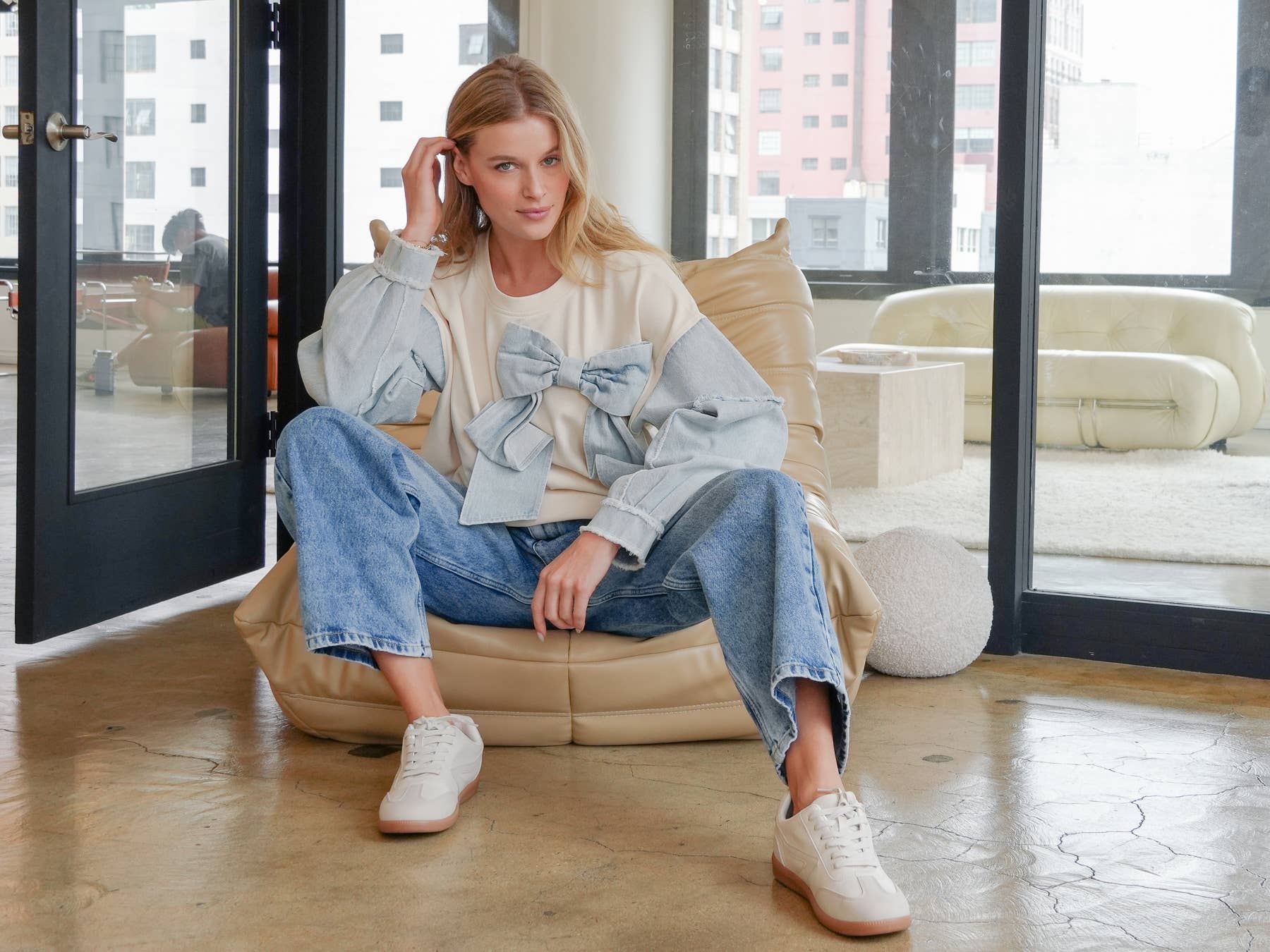 TRENDILITY - Wholesale Sweatshirt - Women's - TR2027-04_Mineral Washed Denim Bow Sweatshirt Top11