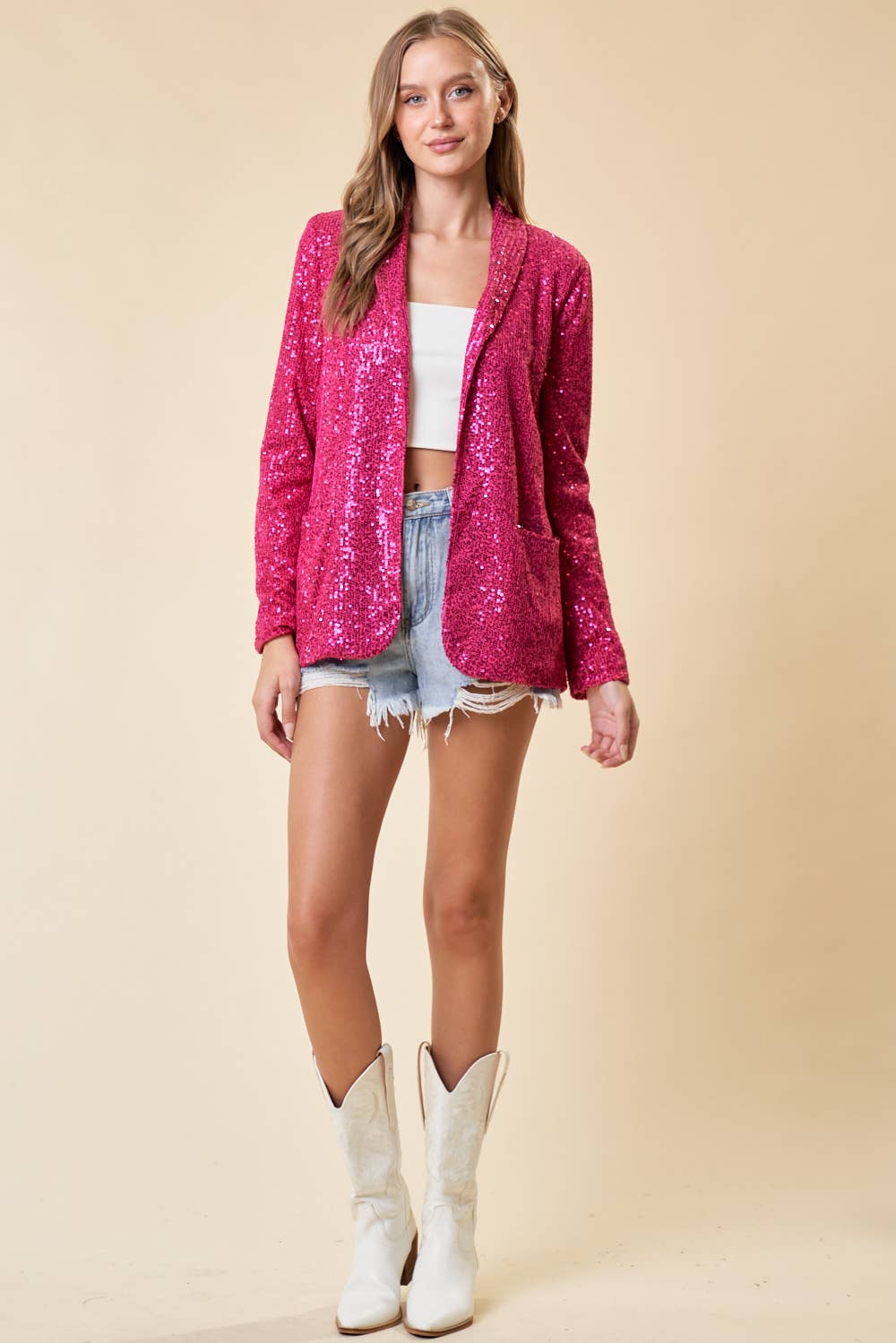 FUCHSIA OPEN FRONT SEQUIN BLAZER W/ FRONT POCKET - 10518J for wholesale on Faire4