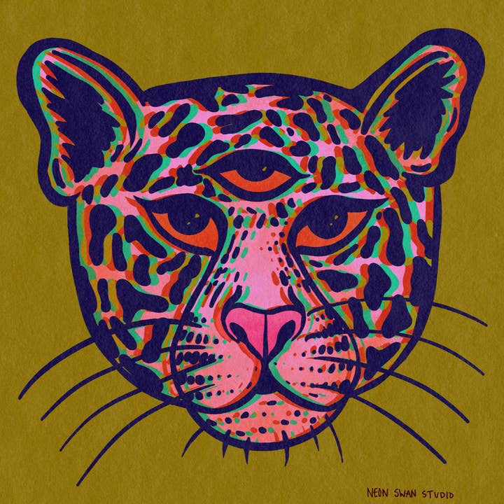 Chartreuse Jaguar Priestess Giclée Art Print for wholesale by Neon Swan Studio LLC