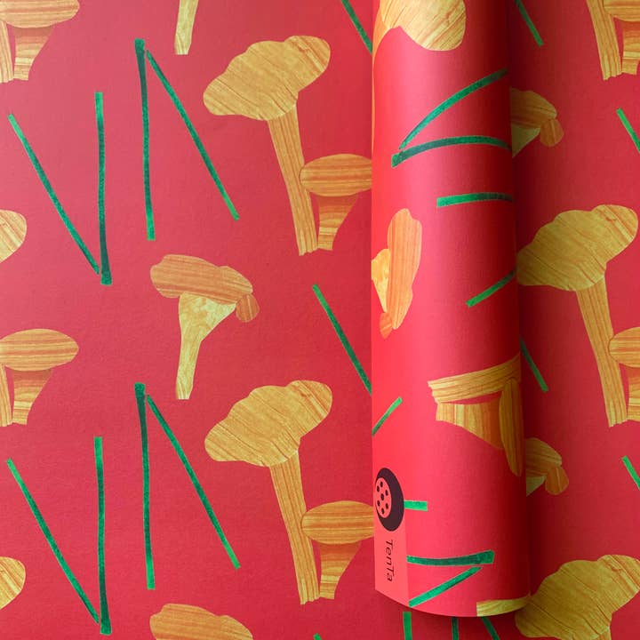 TenTa - Wholesale Wrapping Paper Roll - Chanterelle Mushroom Patterned Wrapping Paper – Red & Ochre