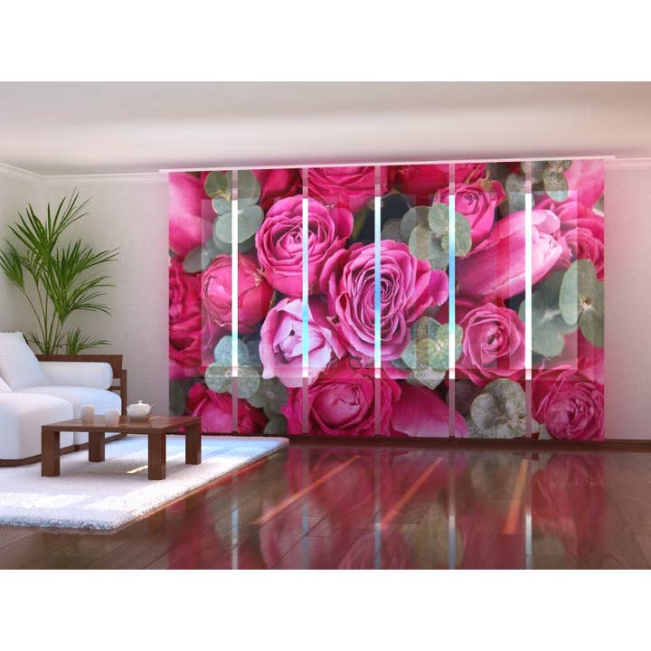 Set of 6 Pink Rose Panel Curtains with Green Leaves for wholesale by IlyDecor