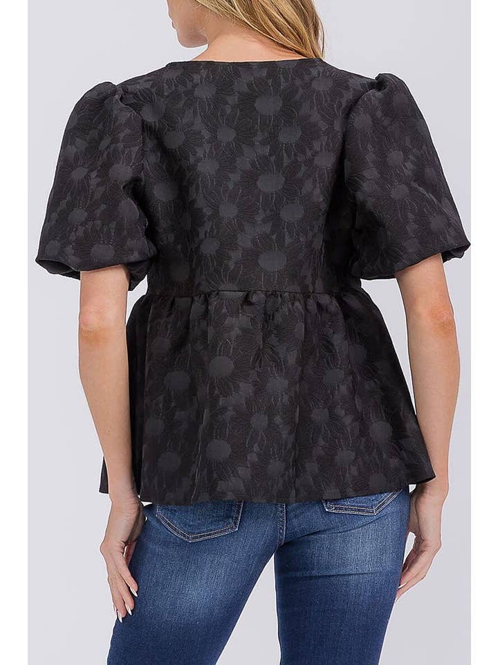 ROUSSEAU - Wholesale Blouse - Women's - PUFF SLEEVE V-NECK FLORAL DETAILED BLOUSE1