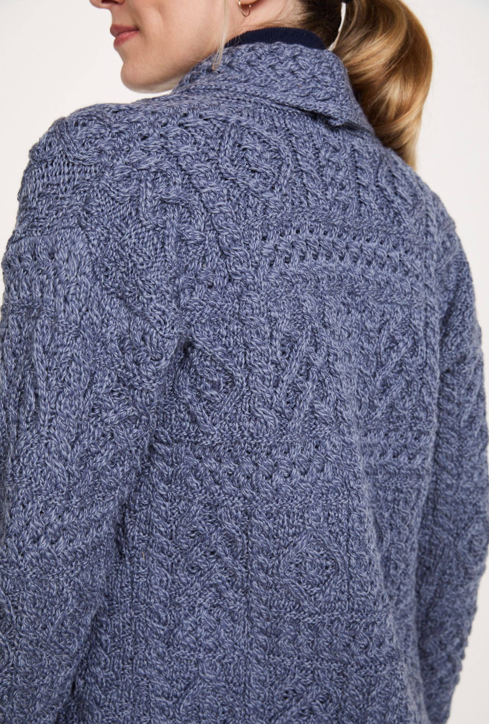 Aran Woollen Mills - Wholesale Cardigan - Women's - Tara Ladies Merino Aran Long Shawl Cardigan - Denim3