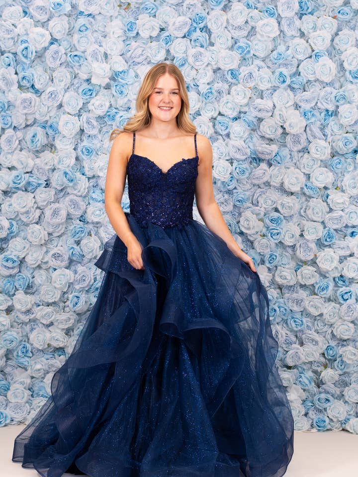 Malia Ruffle Midnight for wholesale by Ruby Prom