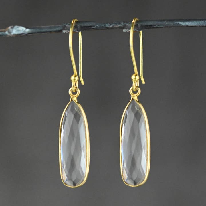 Elongated Crystal Quartz Gemstone Teardrop Earrings for wholesale by KBD Studio