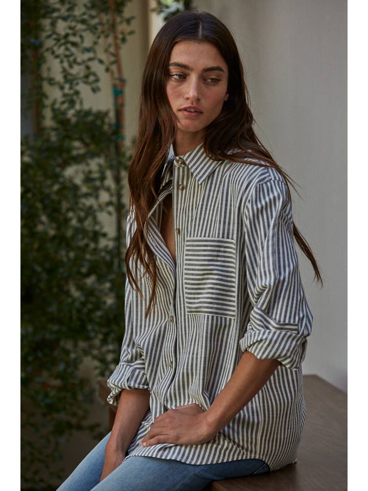 By Together - Wholesale Button Down Shirt - Women's - L5611 | Woven Cotton Collar Neck Button Front Long Sleeve