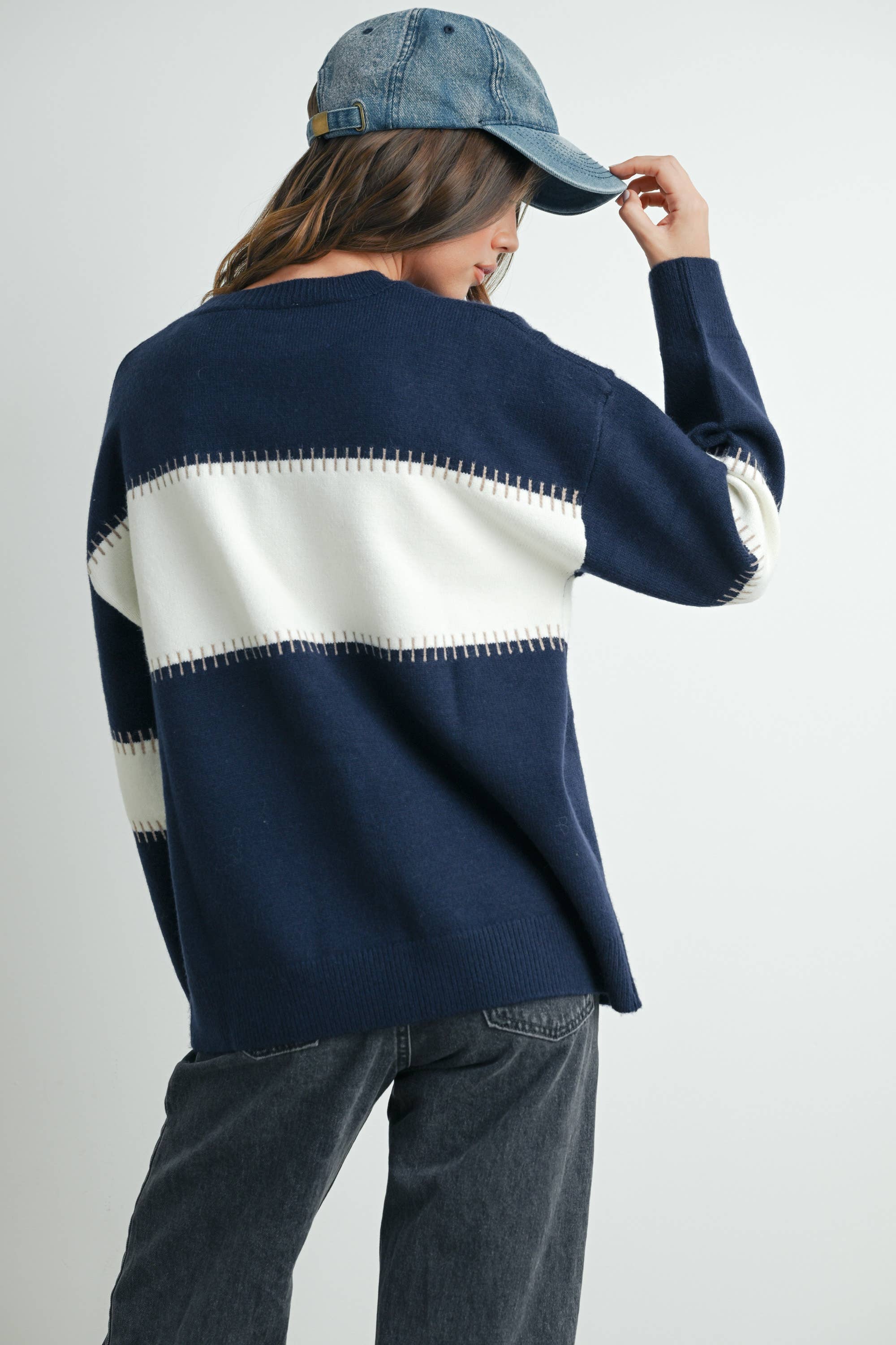NAVY IVORY Color Block Striped Crew Neck Sweater - BMW7501 for wholesale on Faire8