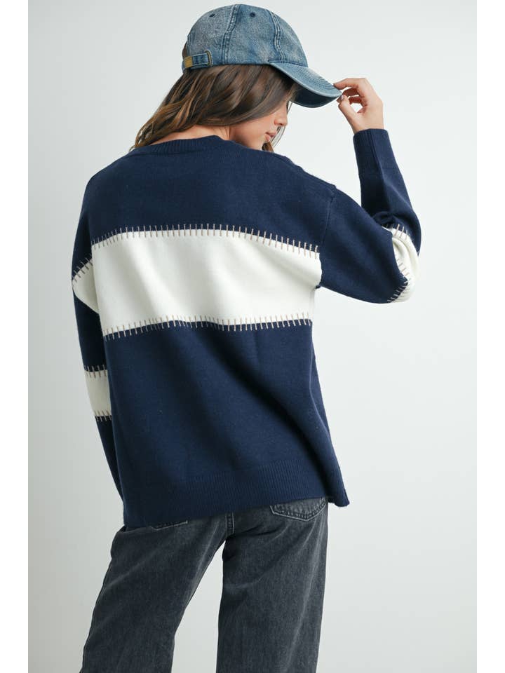 NAVY IVORY Color Block Striped Crew Neck Sweater - BMW7501 for wholesale on Faire8