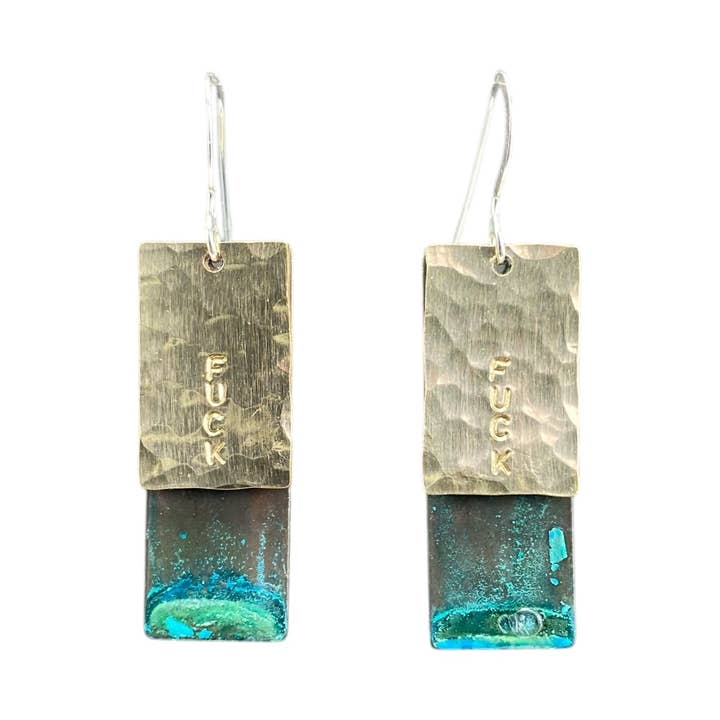 Fuck Earring Hammered Brass Rectangle and Blue Patina Rectan for wholesale by David Stepan