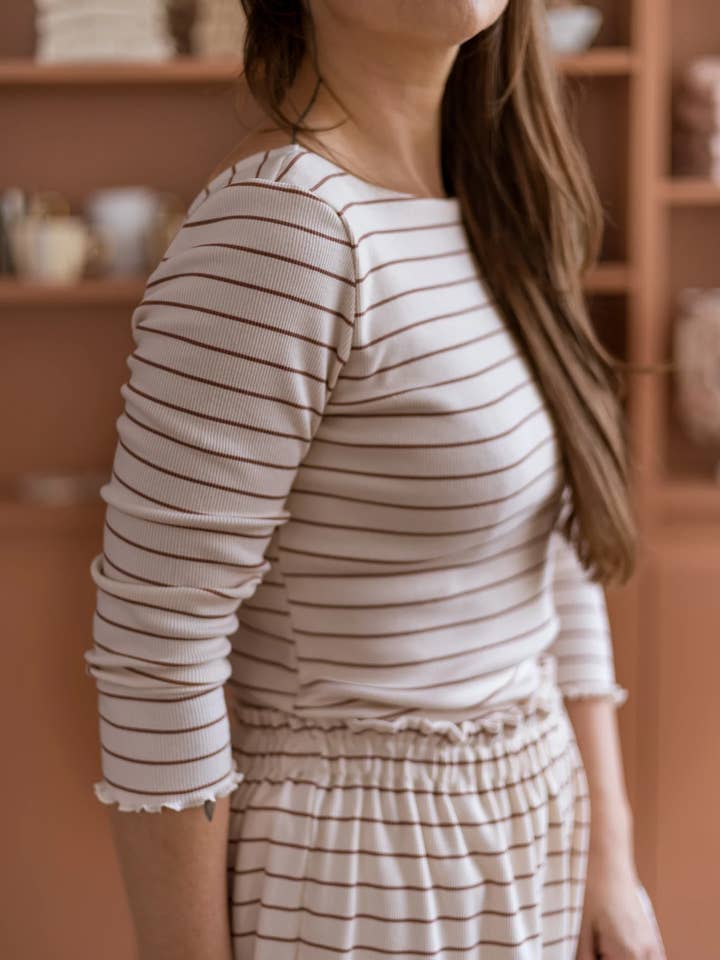 Top de manga 3/4 acanalado / Crema + Rayas para venta al por mayor de Evelina Apparel