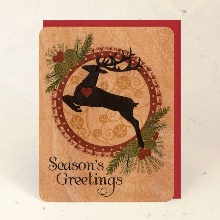 Yule Stag Wood Greeting Card for wholesale by Little Gold Fox Designs