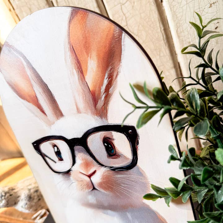 WillowBee Signs & Designs - Wholesale Sign - Bunny with Glasses Arched Wood Sign Shelf Sitter2