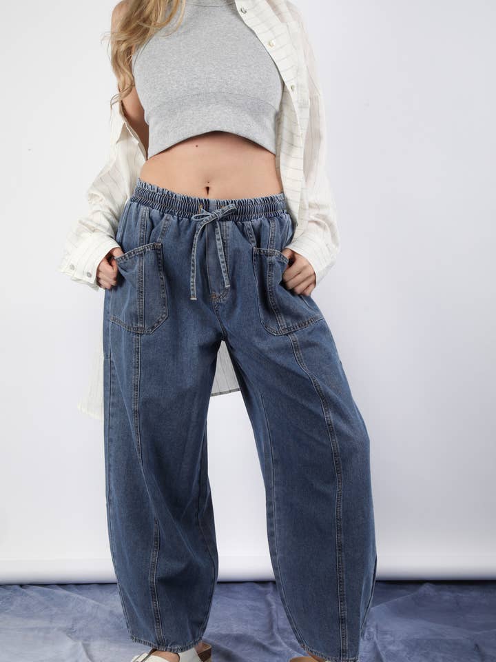 NP70739-Washed Chambray Barrel Denim Pants for wholesale on Faire