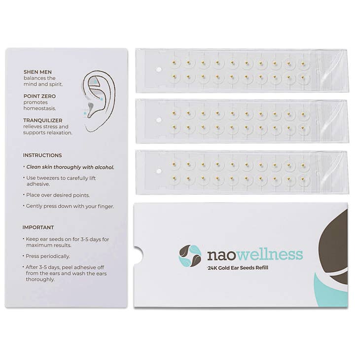 Kit de recharge de graines d'acupuncture pour oreilles en or 24 carats, 60 pièces (3 bandes) pour la vente par NAO Wellness