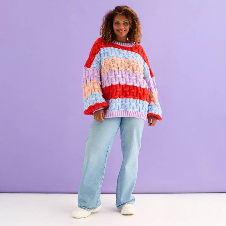 Cara & The Sky – wholesale Knitted jumper – Women′s – Mandy Criss-Cross Stitch Balloon Sleeve Stripe Jumper - Orange11